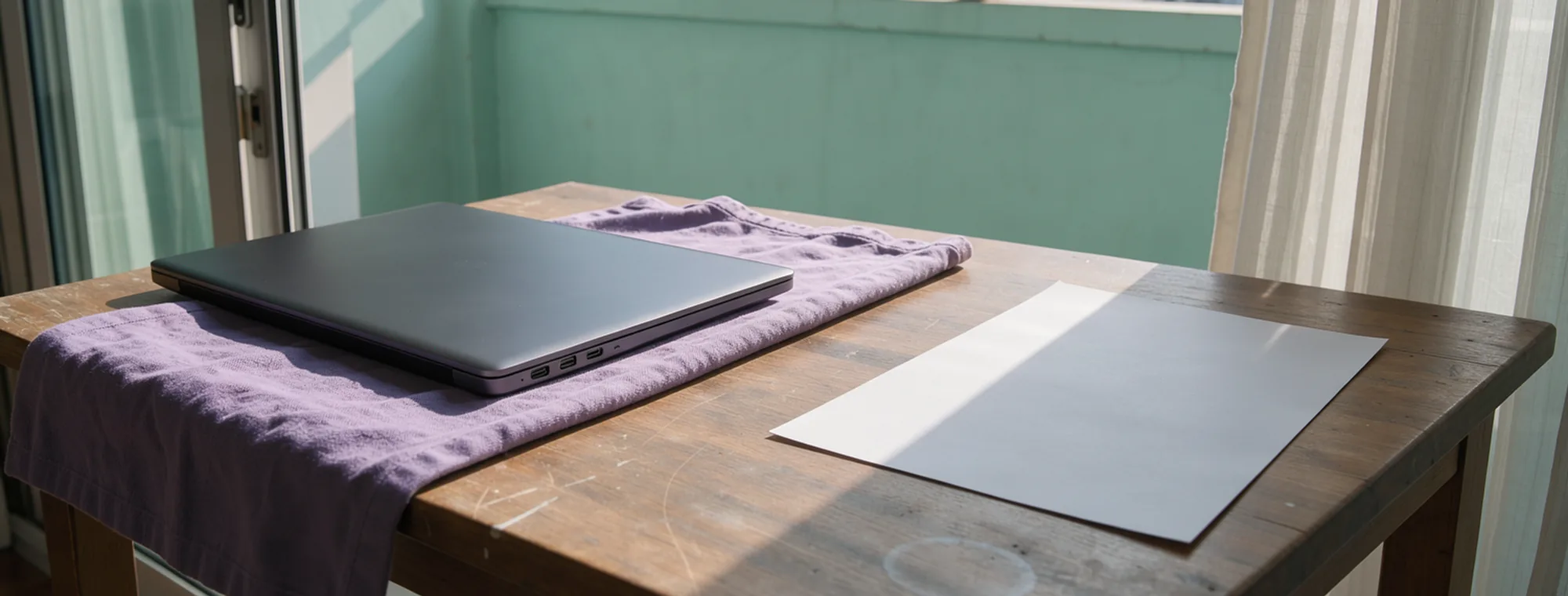 The corner of a personal laptop, a blank sheet and the edge of a balcony door in strong daylight.