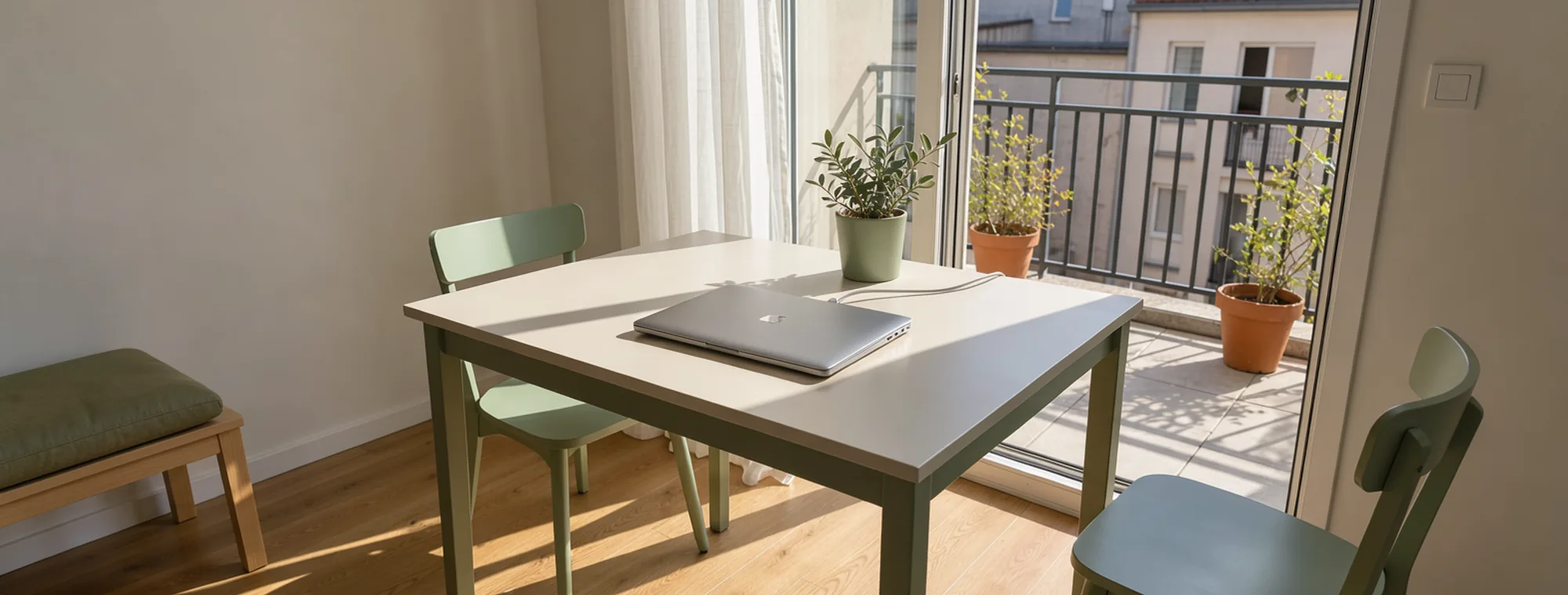A balcony doorway stands open beside an empty table with a closed laptop.