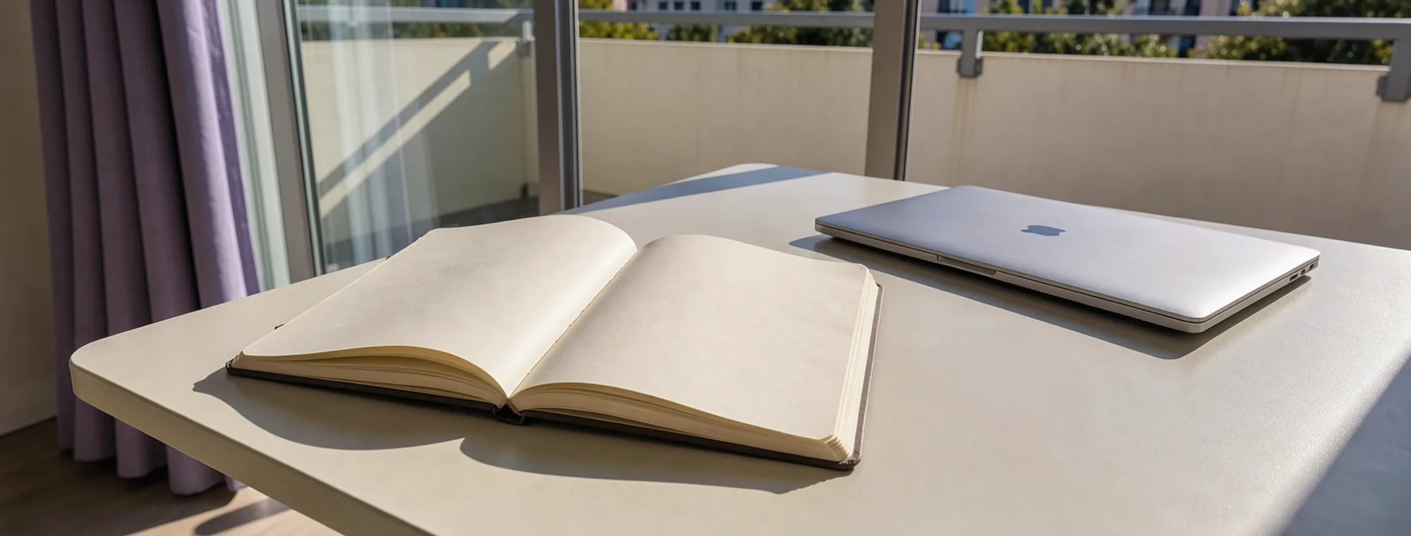 Sunlight divides a blank notebook into light and shade beside a closed laptop.