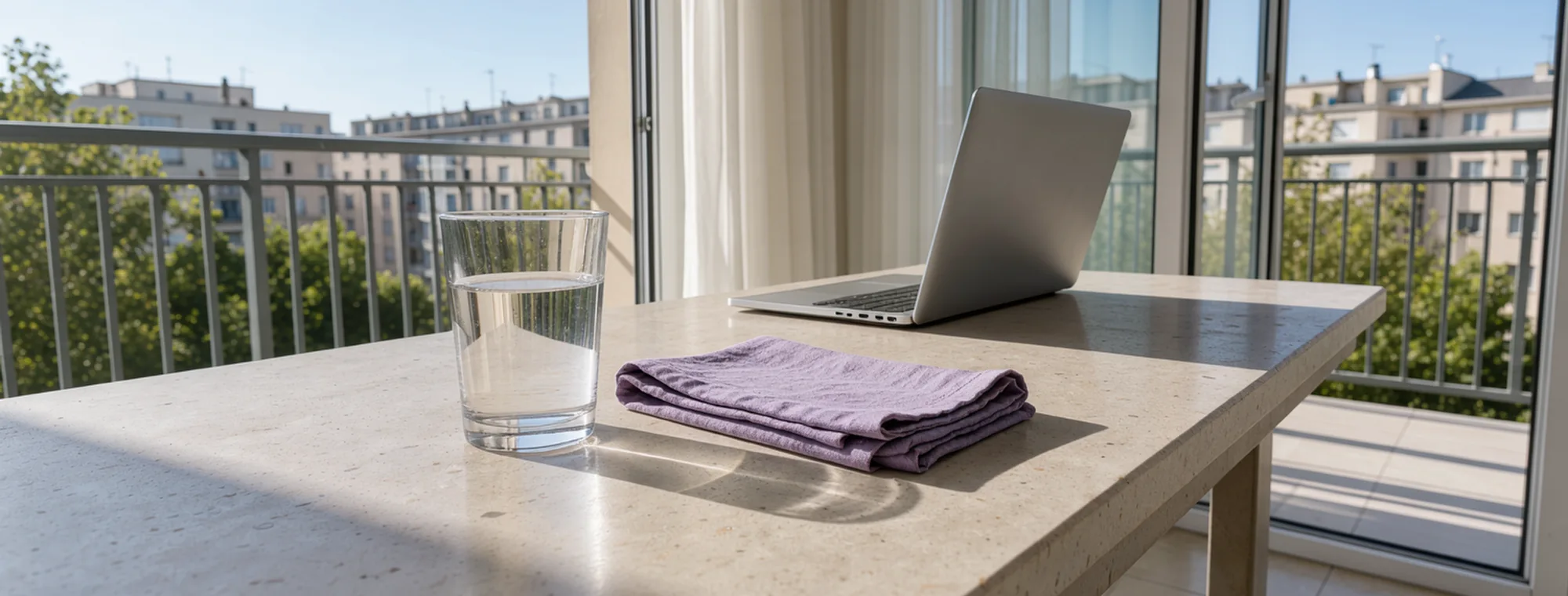 An ordinary breakfast table with a water tumbler, folded napkin and laptop seen from behind.