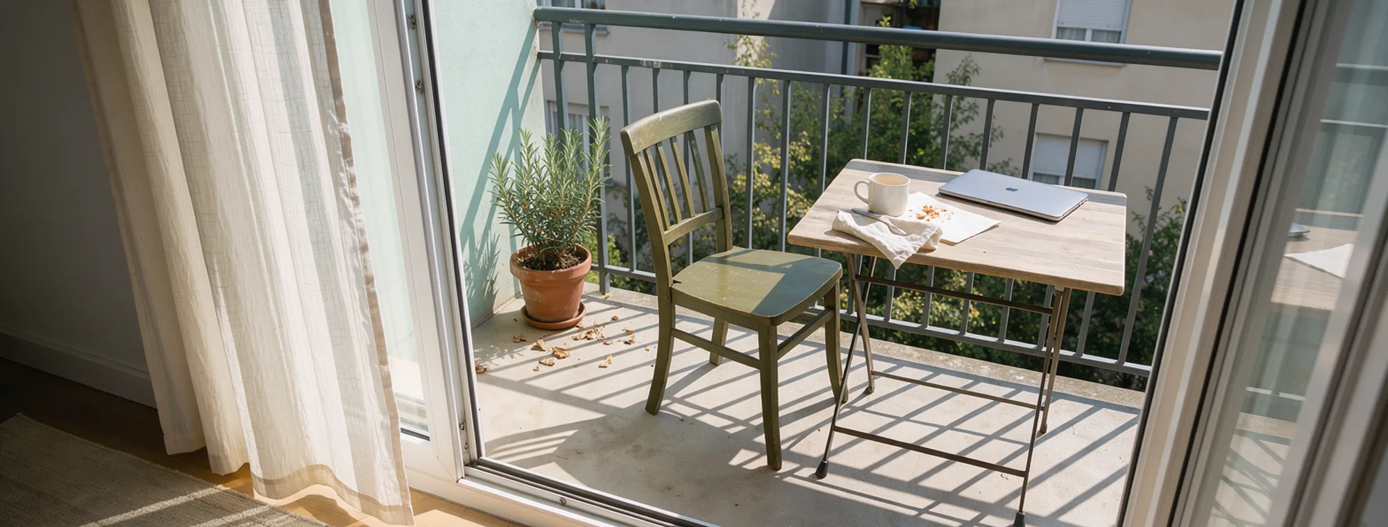 A chair pulled back from a balcony table, with the laptop closed and a long rectangular shadow on the floor.