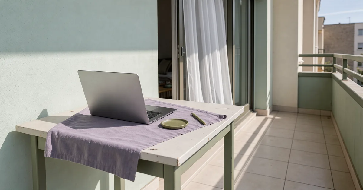 A laptop viewed from behind on a sunny apartment balcony, framed by a door and curtain shadows.