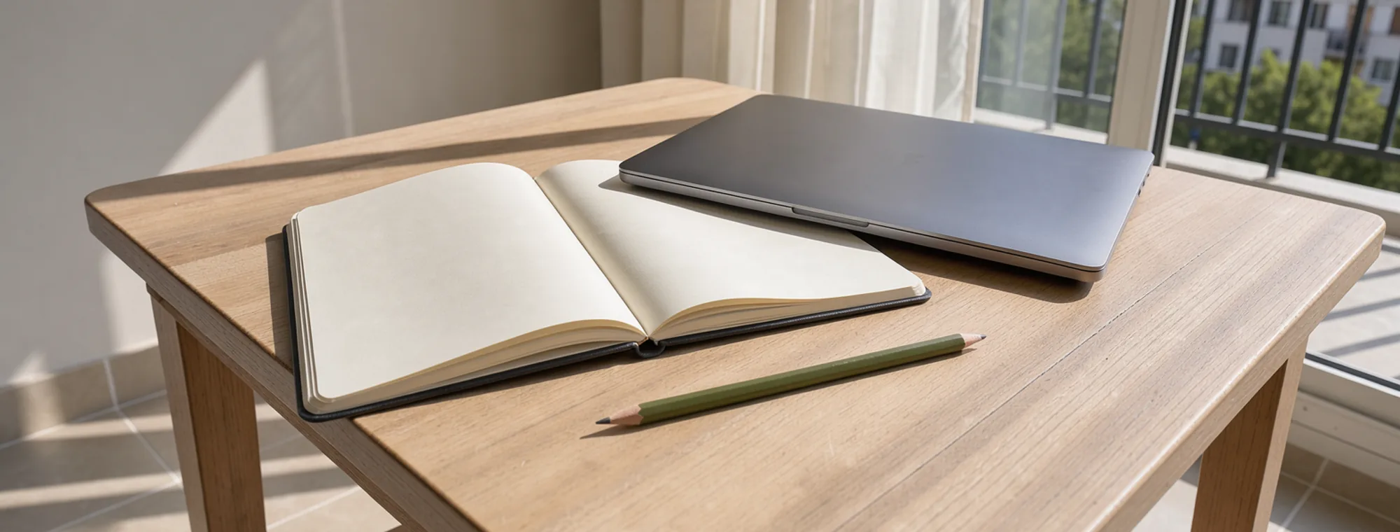 A blank notebook and closed laptop on a balcony table under a sharp window shadow.