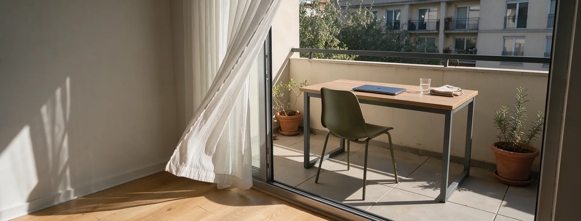 A closed laptop and empty chair remain on a balcony while a curtain crosses the doorway.